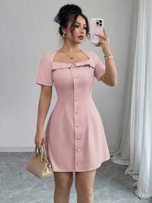Vestido corto de manga corta con cuello trapezoidal elegante, volantes y cintura con botones en forma de línea A, adecuado para el trabajo, primavera/verano - Rosa - Ver 8