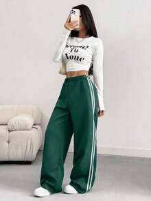 Pantalones informales de mujer con pierna suelta y efecto de contraste de color, para primavera/verano - Verde - Ver 6