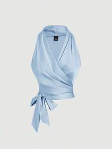 Parte superior de tirantes sin mangas con nudo en la espalda y diseño cruzado en azul claro vintage para mujer - Celeste - Ver 1