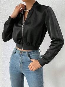 Chaqueta bomber corta con cremallera de color liso, chaqueta ligera de mujer de uso casual para primavera/otoño con manga regular, cuello tipo béisbol y ajuste regular en color negro liso - Negro - Ver 3