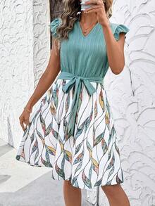Vestido con estampado gráfico, cuello con muesca, volantes, cinturón, lunares, vestidos para mujer, vestidos casuales de primavera, vestidos de picnic, vestidos de verano, vestidos de primavera, vestidos de festival, vestidos de Pascua, vestid - Multicolor 3 - Ver 6