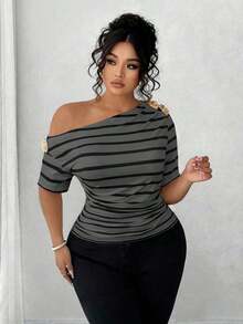 Blusa de hombros descubiertos elegante y versátil de moda casual para mujeres de talla grande - Gris - Ver 3