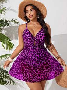 2026 Traje de baño de una pieza con efecto estilizante para tallas grandes| Estampado de leopardo clásico de estilo retro salvaje| Escote en V con lazo ajustable en la parte delantera para realzar el busto| Abertura frontal + dobladillo d - Rosa Fucsia - Ver 5
