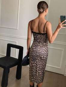 Vestido largo elegante de un solo color con encaje en contraste, ajuste ceñido y tirantes largos, vestido de verano para volver a la escuela - Multicolor - Ver 2