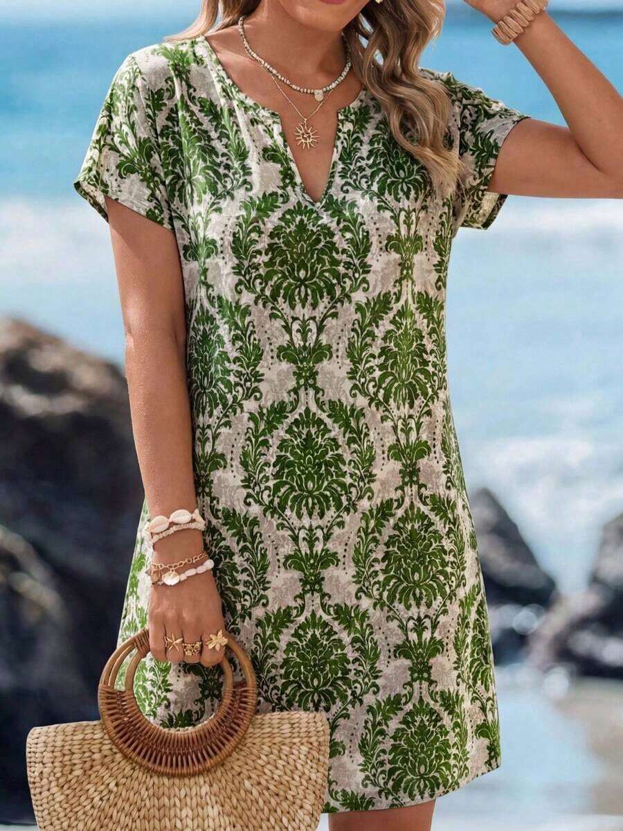 Vestido casual de mujer con estampado floral, cuello en V y manga corta para vacaciones - Verde - Ver 1