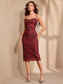 Vestido ceñido y delgado de tirantes largos para mujer - Burdeos - Ver 5
