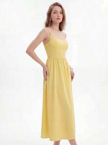 Vestido de fiesta elegante de verano con cuello en U, drapeado y bajo acampanado de unicolor - Amarillo - Ver 6