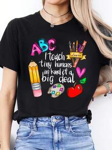 Women's Short Sleeve Sports T-Shirt With Round Neck And Spanish Alphabet Print - Spring/Summer - 黑色 - 查看 6