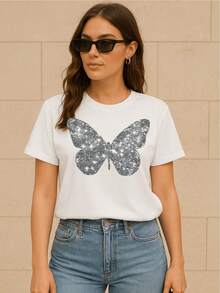 Basic Short-Sleeved T-Shirt With Butterfly Graphic Print And Glitter, Women's Casual, Creative, Cute Style For Spring, Summer, Autumn, Winter, 100% Cotton - [白色的] - 查看 6