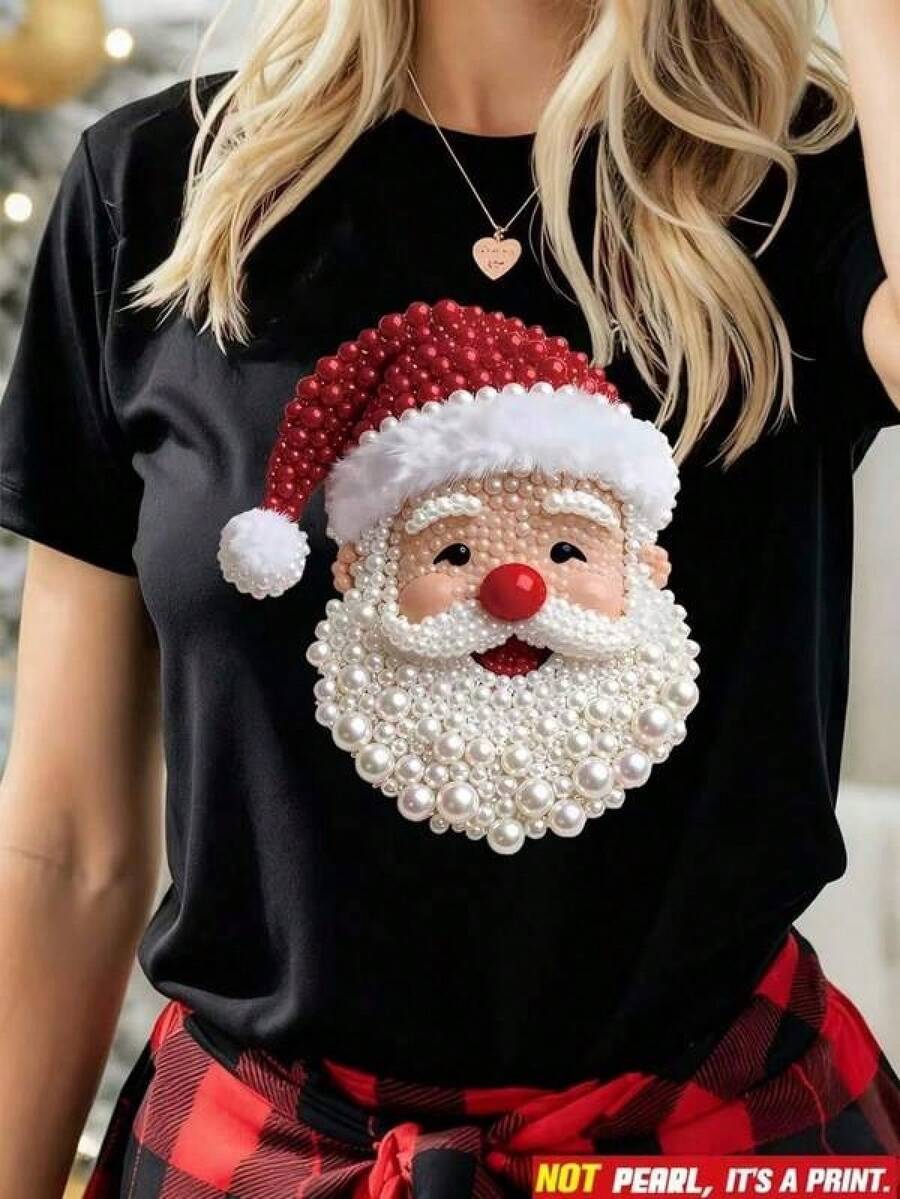 New 2026 Playera con estampado de Santa Claus, Papá Noel, diseño con efecto de perlas, pero es estampado, navideño, colorida ideal para esta temporada, moderna, holgada, cuello redondo, manga corta, para fiestas de temporada y uso diario, ideal para toda la familia - Negro - Ver 1