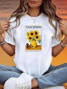 Women's Summer T-Shirt, A Casual Short-Sleeved Blouse With An Artistic Print Of Van Gogh's Sunflowers, With Squirrel And Vase Motifs, Perfect For Everyday Wear, Lightweight And Breathable, 100% Cotton. - 白色 - 查看 1