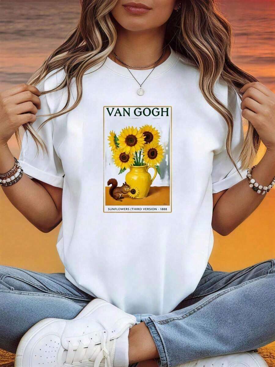 Women's Summer T-Shirt, A Casual Short-Sleeved Blouse With An Artistic Print Of Van Gogh's Sunflowers, With Squirrel And Vase Motifs, Perfect For Everyday Wear, Lightweight And Breathable, 100% Cotton. - 白色 - 查看 1