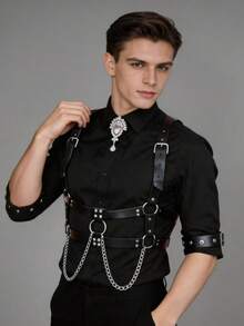 1pc Black Leather Men's Suspender With Chain Decor, Suitable For Dress Shirts And Suits, Suitable For Holiday Outfits And Live Streaming Performances - Black Suspenders + Armbands - View 1