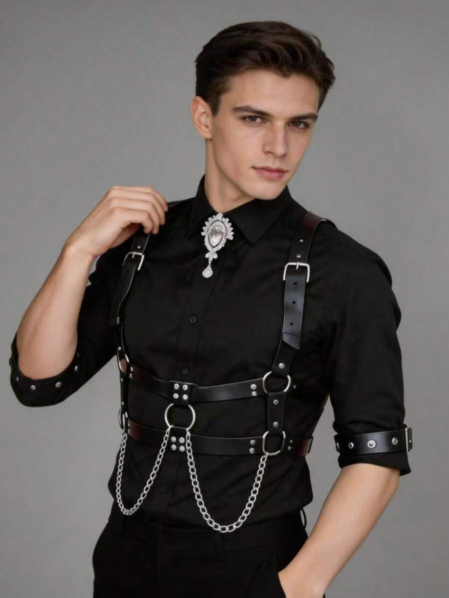 1pc Black Leather Men's Suspender With Chain Decor, Suitable For Dress Shirts And Suits, Suitable For Holiday Outfits And Live Streaming Performances - Black Suspenders + Armbands - View 1