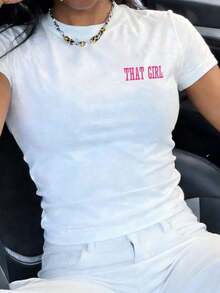 FASHIOGIRL Camiseta Ajustada para Mujer con Estampado de Letras, Camisetas Gráficas, Tops para Mujer - Blanco - Ver 2