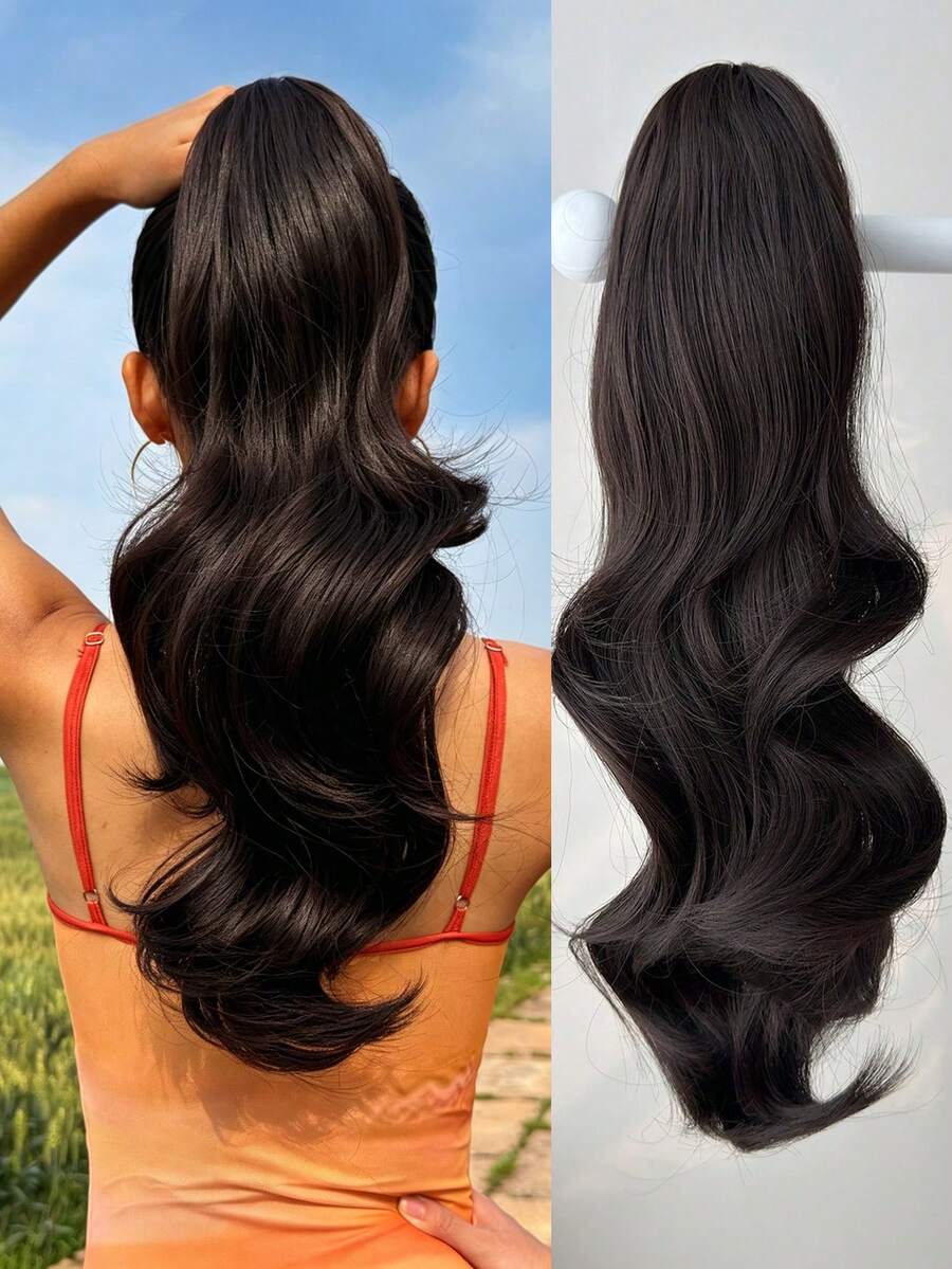 Tóc giả đuôi ngựa kẹp màu đen/nâu dài 16-18 inch, sợi tổng hợp chịu nhiệt, phù hợp cho phụ nữ và bé gái sử dụng hàng ngày.