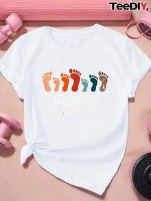 Camiseta de asistente de podología para mujer, talla grande - Manga corta, cuello redondo, diseño de huellas y estampado de huellas coloridas (verde/amarillo/beige/rosa) - Ropa de trabajo para consultorio podológico, ropa casual para clínica, adecuada para todas las estaciones. - Blanco - Ver 7