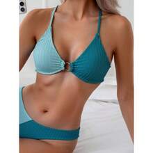 Nuevo traje de baño bikini con bloques de color para mujer, con copas triangulares, decoración de anillos metálicos y tirantes ajustables. - Azul - Ver 3