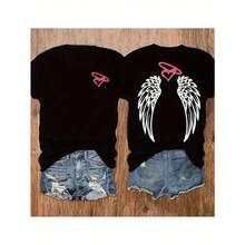 Camiseta de algodón de manga corta para mujer con estampado de alas de ángel y corazón, ropa casual de verano, top suave y transpirable con cuello redondo para uso diario, viajes y fines de semana. - Negro - Ver 1