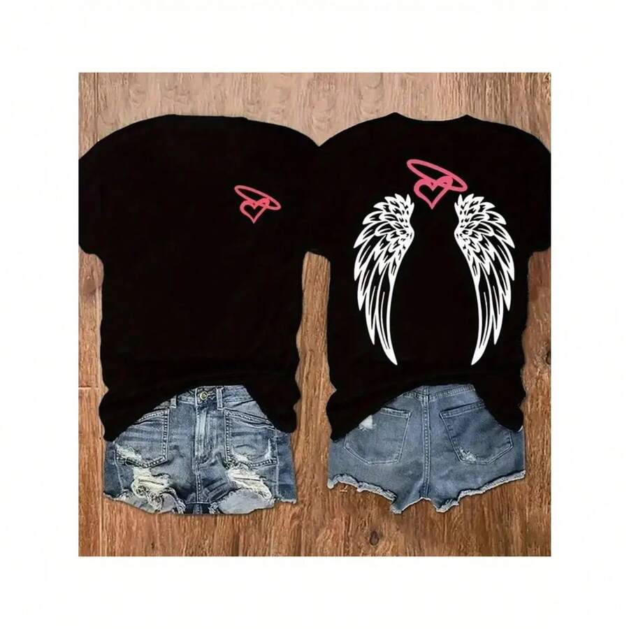 Camiseta de algodón de manga corta para mujer con estampado de alas de ángel y corazón, ropa casual de verano, top suave y transpirable con cuello redondo para uso diario, viajes y fines de semana. - Negro - Ver 1