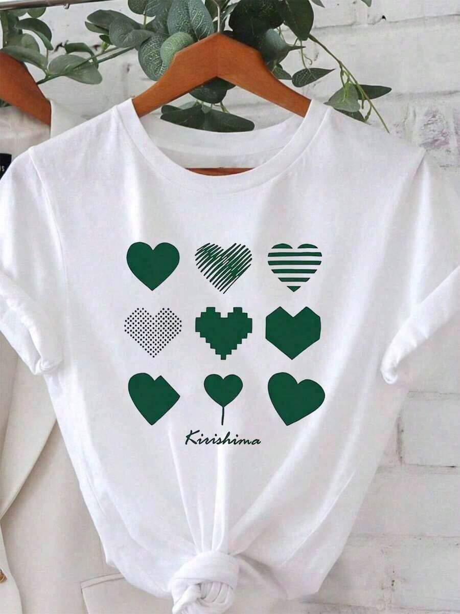 1 Piece - Women's T-Shirt With Creative Printed Heart Design, Cool Style For Valentine's Day, Round Neck, Casual And Fashionable, For Spring And Summer, 180g, 100% Cotton. - 白色 - 查看 1