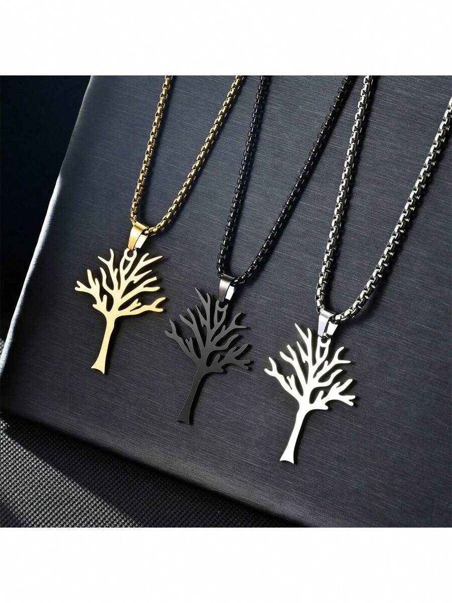 Dây chuyền mặt dây hình cây sự sống bằng thép không gỉ thời trang - Thiết kế rỗng màu bạc, phụ kiện sành điệu