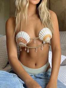 Mermaid Shell Bra With Cord Hawaiian Seashell Bikini Top Fashion Chest Chain For Women - Beige - View 4