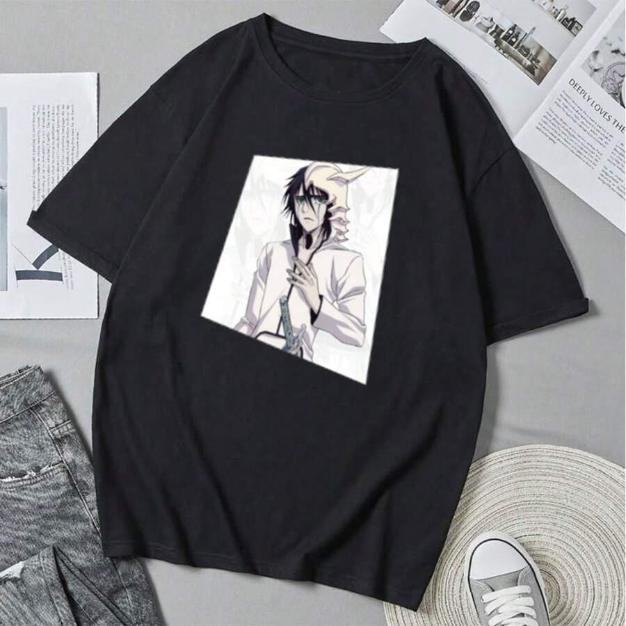 Camiseta Bleach estilo vintage de los 90 con estampado de dibujos animados de anime, unisex, manga corta, corte holgado e informal. - Negro - Ver 1