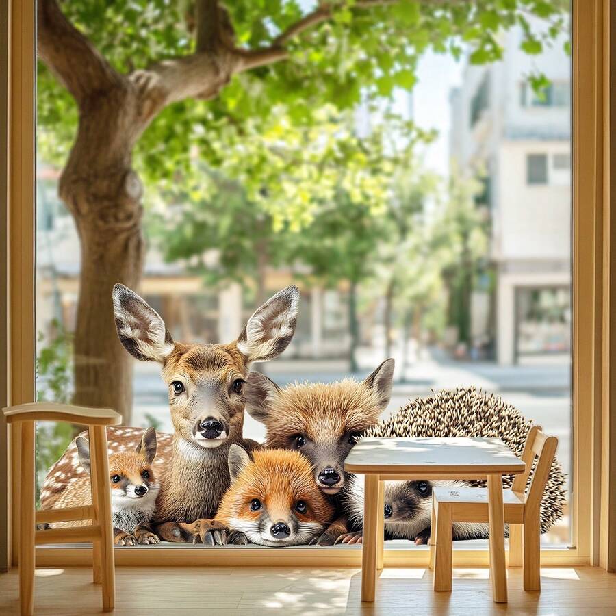 1 pieza Pegatina de ventana de animal del bosque de invierno, ciervo, zorro, erizo, pegatina de vidrio estática extraíble, adecuada para la decoración de la habitación de los niños / sala de estar - Multicolor - Ver 1