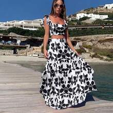Women's Two-Piece Set With Floral Print Crop Top And Maxi Skirt, Halter Neckline, High Belt, Lightweight And Breathable Fabric Ideal For Beach, Vacation And Summer, Boho Chic Style Perfect For Beach Parties And Resorts - 黑與白 - 查看 5