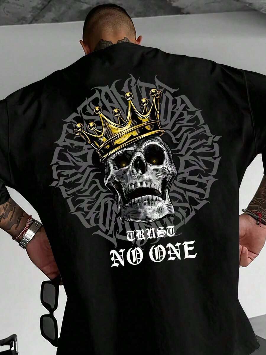 Men's DOPE Loose-Fitting Short-Sleeve T-Shirt With Skull Print And American Gothic Lettering. | Stylish Design | Summer Essentials | Easy To Match - Black 3 - View 1