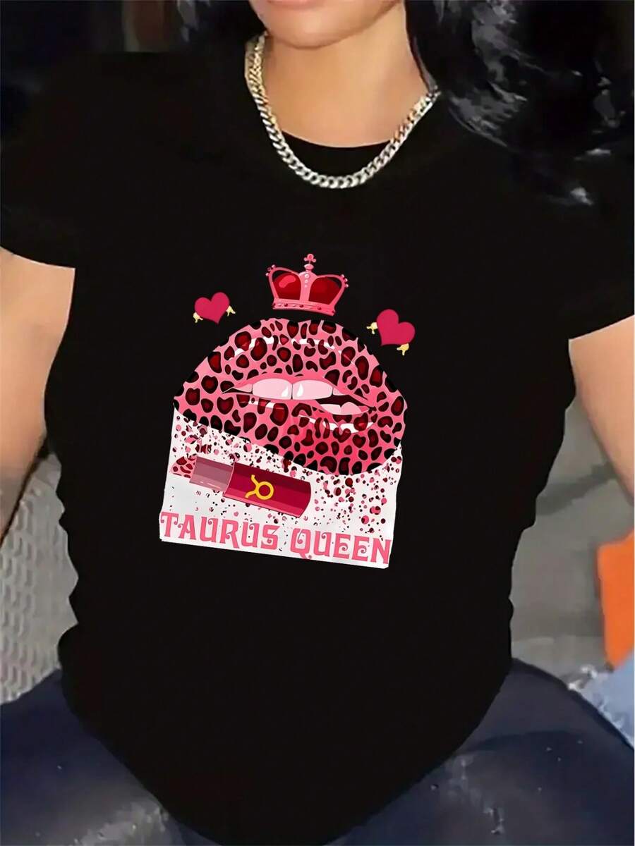 Camiseta de poliéster con estampado de leopardo para mujer, diseñada para uso en restaurantes, duradera y cómoda, decorada con motivos de corona y corazón, adecuada para ocasiones informales, una blusa elegante y ligera para el uso diario. - Negro - Ver 1