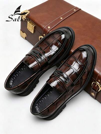 Salkin Luxury Retro Designer Men's Loafers, Plaid Formal Shoes, Comfortable Luxury Modern Life Crocodile Embossed Soft Leather Breathable Round Toe Formal Dress Shoes, Elegant Gentleman Business Casual Shoes For Men, Suitable For Daily Office, Party, Wedding, Romantic Dinner, Holiday Gift, Students, Vintage Style, Suitable For All Seasons. Suggest Sizing Up One Size.