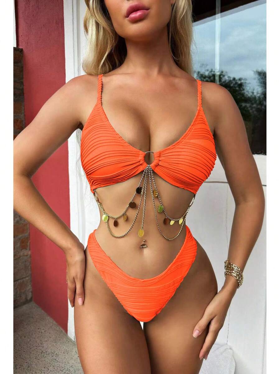 Nuevo traje de baño de dos piezas de tela plisada con bikini de detalle de cadena sexy. - Rojo anaranjado - Ver 1