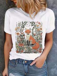 Camiseta gráfica de mujer estilo boho con estampado de zorro en flores silvestres, estilo cottagecore, cuello redondo, manga corta, corte holgado, para amantes de la naturaleza, 100% algodón, moda para todas las estaciones, camisetas de verano, transpirable y cómoda. - Blanco - Ver 2