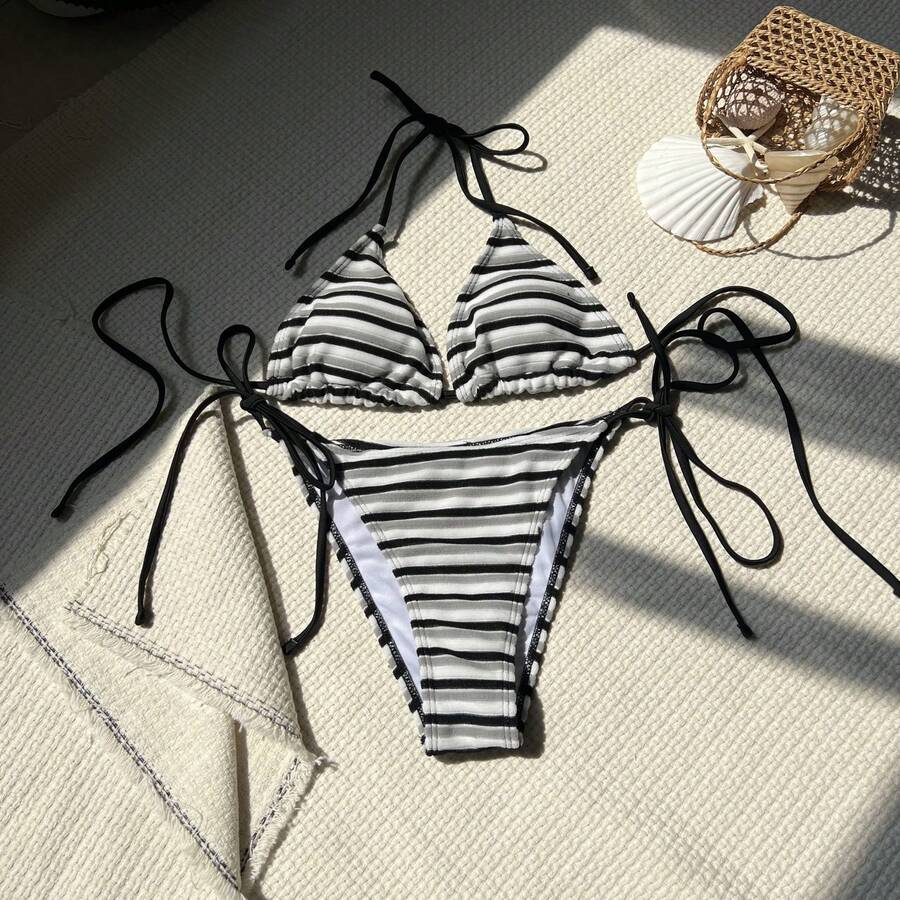 Nuevo bikini de dos piezas de tela a rayas, fresco y sexy. - Negro - Ver 1