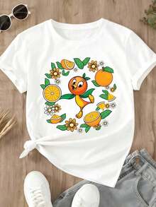 Camiseta Casual de Verano para Mujer, Cuello Redondo, Estampado de Pájaro Naranja, Flores y Frutas, Ropa Casual para Salidas Diarias y Días de Playa, 100% Algodón, Resistente - Blanco - Ver 2