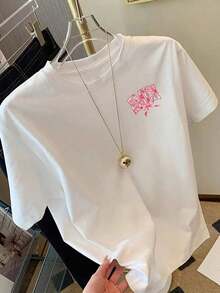 Camiseta Casual Minimalista de Verano, Nueva Colección de Moda para Mujer, AMEN, Estampado Floral en la Parte Delantera y Trasera, Mangas Cortas Elegantes, Diseño de Doble Cara - Estilo Único, Ropa Casual de Uso Diario para Mujer - Camiseta Casual de Cuello Redondo, Elasticidad Media - Ajuste Cómodo. - Blanco - Ver 4