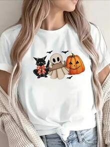 Camiseta ligera y cómoda de Halloween en color negro, con lindos diseños de fantasmas y calabazas, perfecta para fiestas, uso en casa o salidas informales, estilo de manga corta en blanco y negro. - Blanco - Ver 1