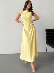 Vestido maxi de línea A con cuello alto, sin mangas, con volantes, elegante y romántico, color blanco, adecuado para citas, uso diario y el trabajo - Amarillo - Ver 2