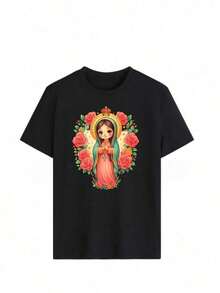 Camiseta de cuello redondo y mangas cortas de ropa fashion, fabricada en México, para la temporada primavera-verano 2025. Con estampado de dibujos animados, es un modelo de pareja, apta para usar tanto por dentro como por fuera, ideal para oficina y estilo casual, diseñada para hombres y mujeres, en unidad individual. - Negro - Ver 2