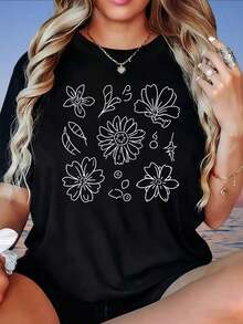 Camiseta Blanca Holgada con Estampado Floral 2026 para Mujer, Top Casual de Verano, Manga Corta, Camiseta Oversize con Diseño Gráfico, Blusa de Moda, Camiseta para Mujer, 220g, de alta calidad para el Verano - Negro - Ver 7