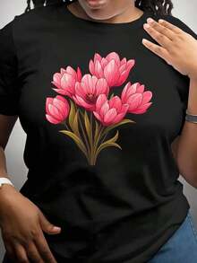 [Sports T-Shirt] Women's Casual Short Sleeve Floral Print T-Shirt - Vibrant Pink Daisy Design, Round Neck, Medium Elasticity, Lightweight Fabric For Spring/Summer/Autumn, Spring/Summer Top | Floral Print Top | Stretchy Fabric, Relaxed Plus Size T-Shirt, Women's Cotton T-Shirts, Black Blouse For Ladies - 黑色 - 查看 7