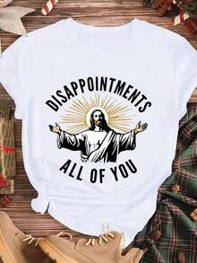 Elegante y casual para mujer, manga corta, camiseta de corte relajado con estampado de Jesús de Pascua y la frase "All Of You With Disappointments", ropa casual blanca para primavera y verano. - Blanco - Ver 3
