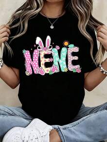 Camiseta Vintage con Diseño de Conejo de Pascua, Lunares y Flores, Diseño Lindo de Primavera para Mujer, Ropa Casual, Top de Moda, Camiseta Gráfica - Negro - Ver 7