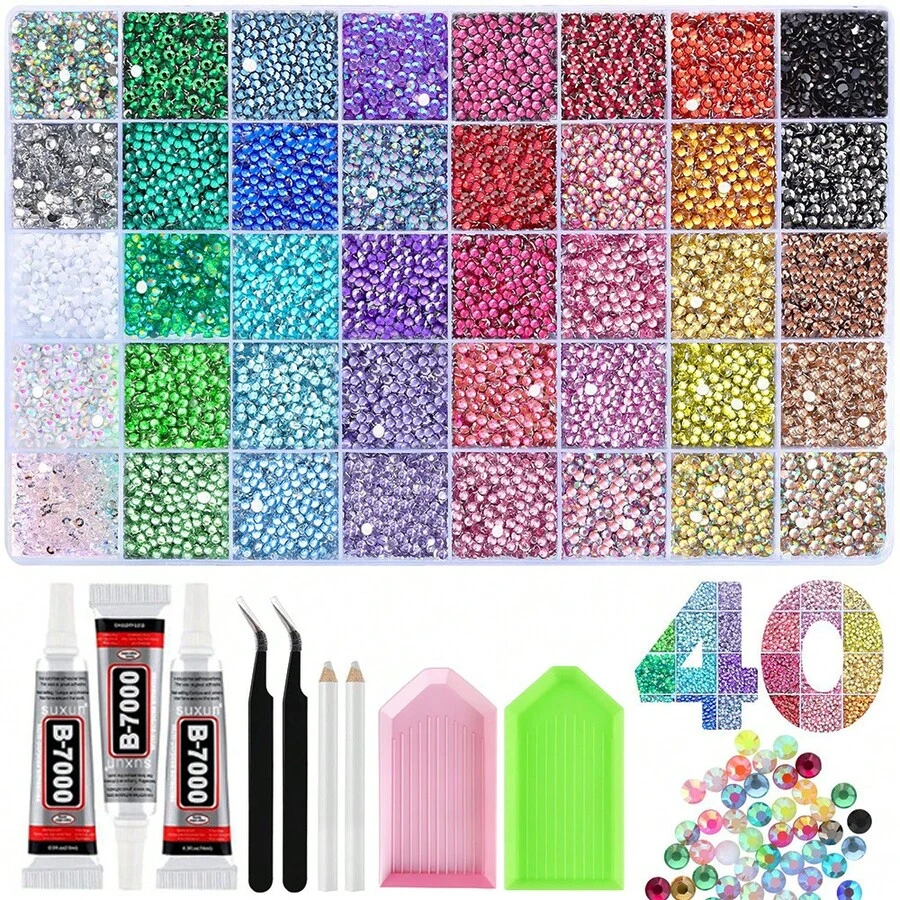 15/40 Colors Jelly Silver Base Resin Rhinestone Set With Tweezers And Drill Plate, Shiny Decoration Set, Multi-Color Resin Flat Back Gems, Suitable For Handmade Crafts, Rhinestone Decoration Tool Set, Colorful Set, Craft Supplies, Shiny Decorations, Jewelry Making, Clothing, Cups, Shoes, Fabrics And Other DIY Projects