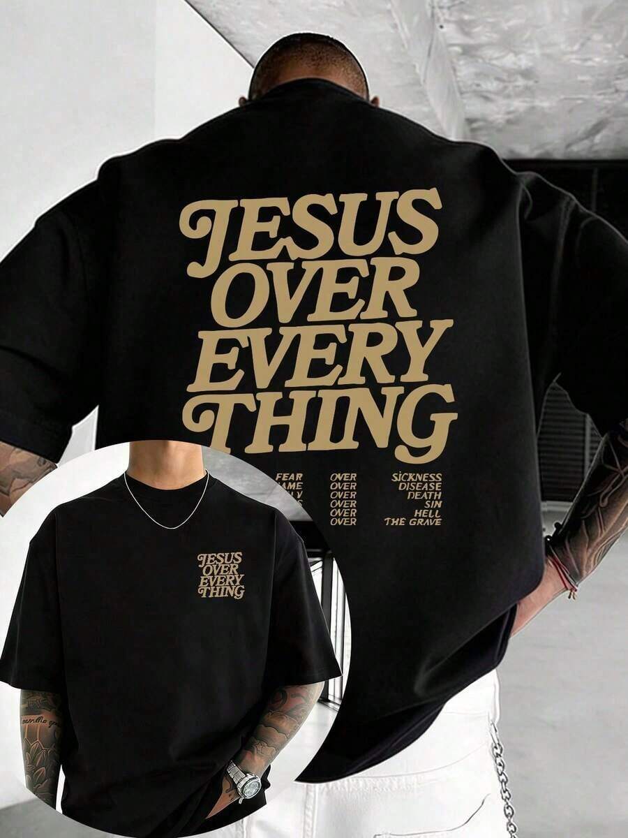GiftJESUS OVER EVERYTHING "Men's Summer T-Shirt, Jesus Print T-Shirt On Both Sides, Christian Faith T-Shirt, High Quality 100% Cotton Short Sleeve T-Shirt, Round Neck Design, Soft And Breathable, Suitable For Christian Believers And Faith Culture Enthusiasts, Suitable For Men And Women, Holiday Gift, Best Gift For Boyfriends, Gift For Men. - 黑色 - 查看 1