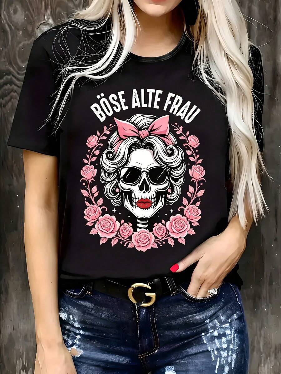 Camiseta estampada de talla grande para mujer, 100% ultra suave, 180g, cómoda y casual, de manga corta, adecuada para futuras mamás. - Negro - Ver 1