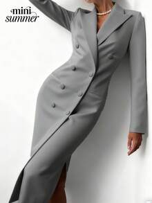 minisummer Áo khoác blazer nữ hai hàng cúc màu trắng trơn thanh lịch, áo khoác dài thời trang thường ngày, thích hợp cho mùa xuân, mùa hè, ngày lễ tình nhân, lễ hội. - Xám - Xem 3