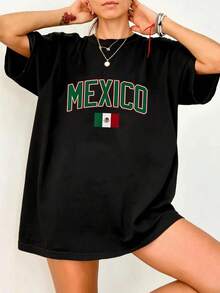 Loose Mexican National Symbol With Green Letters, Red Border, And Tricolor Flag That Evokes National Pride On A Women's T-Shirt Made Of 100% Soft Cotton. Basic Crew Neck Cotton T-Shirt For Women - 黑色 - 查看 12